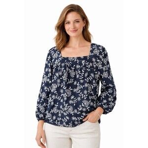 Garnet Hill Women’s Blouse Size 18 Navy Blue White Embroidered Floral Boho Top